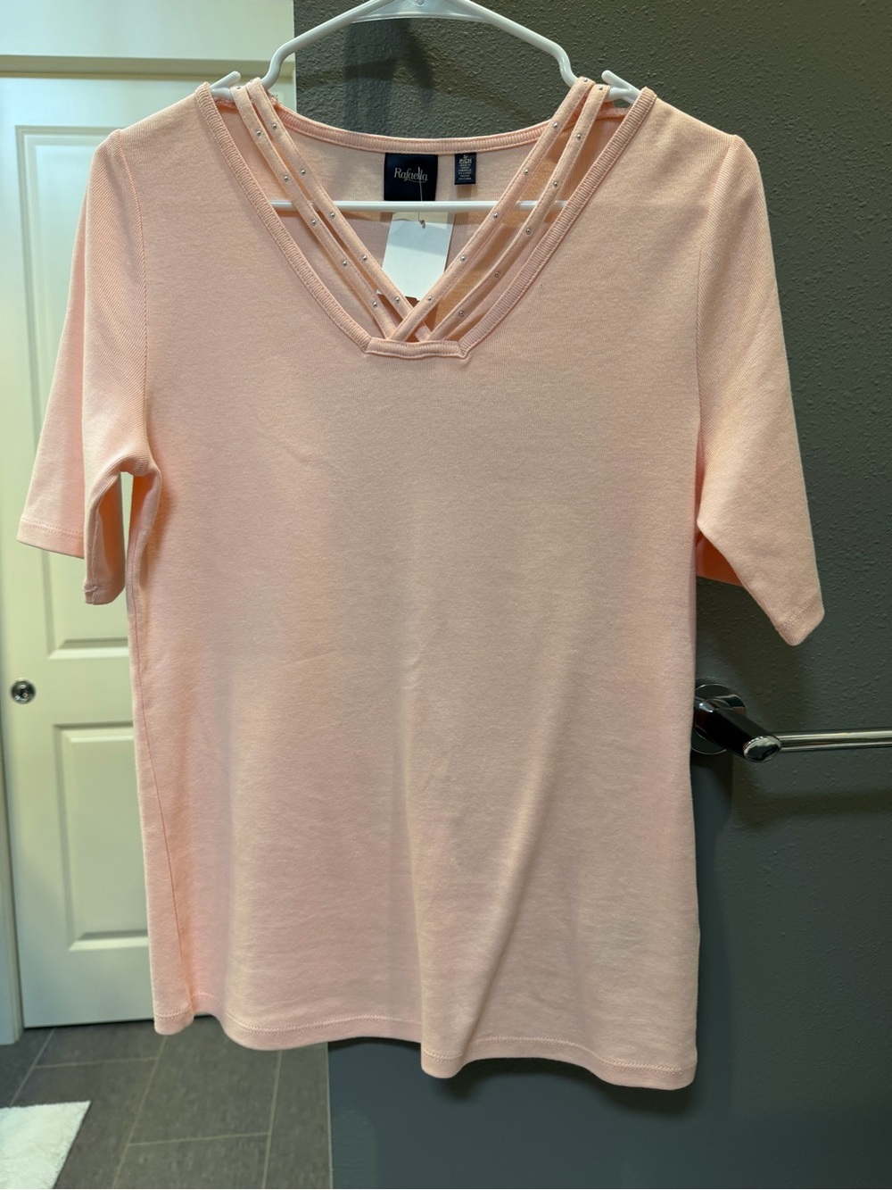 Rafaella Light Peach V-Neck Short Sleeve Top with Strappy Detail